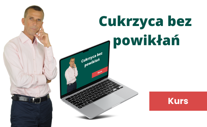 Grafika kursu online o cukrzycy. Mężczyzna w różowej koszuli stoi obok laptopa